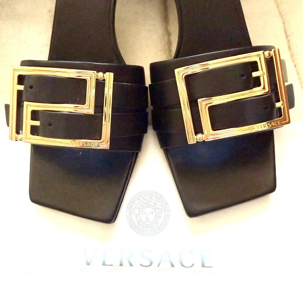 Versace Greta Gold Buckle Empire Heeled Sandals - Picture 7 of 12